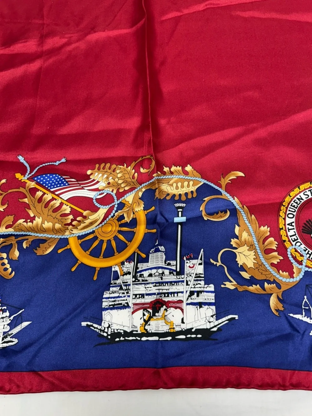 Vintage The Delta Queen Steamboat Co Red and Navy Silk Decorative Souvenir Scarf - Picture 4 of 8
